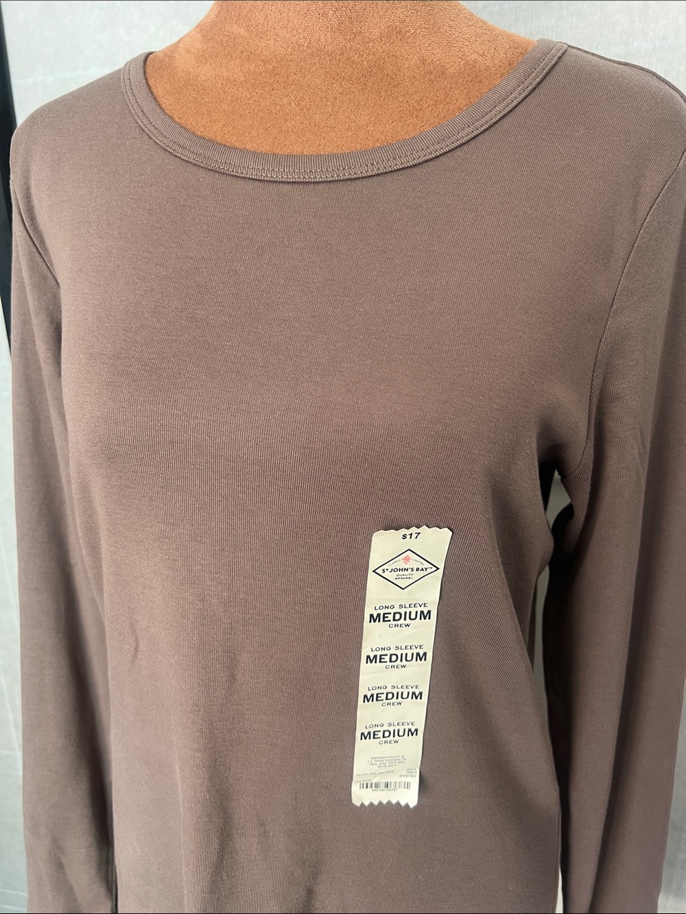 St. John's Bay Long Sleeve Crewneck Top in Taupe Brown - Picture 2 of 3